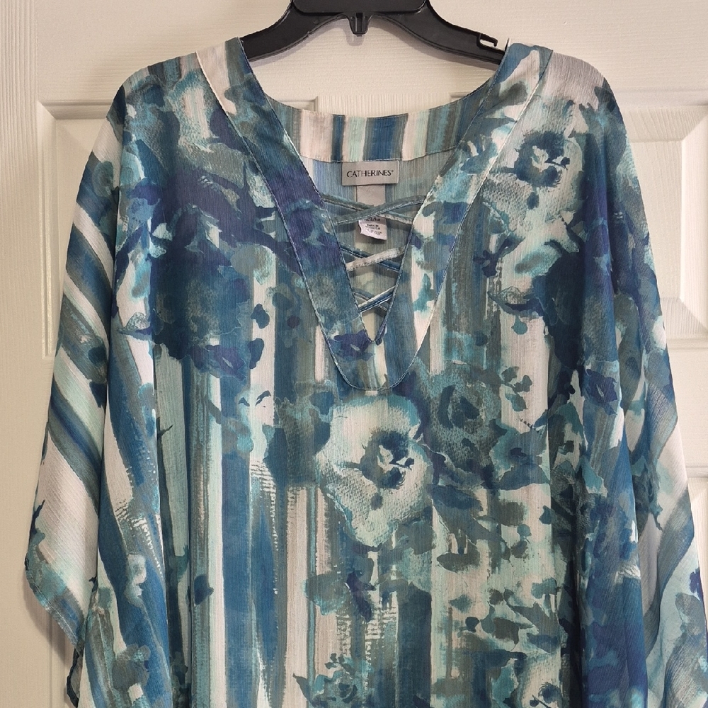 Catherines Blue Teal Floral Striped Lace-Up Blouse